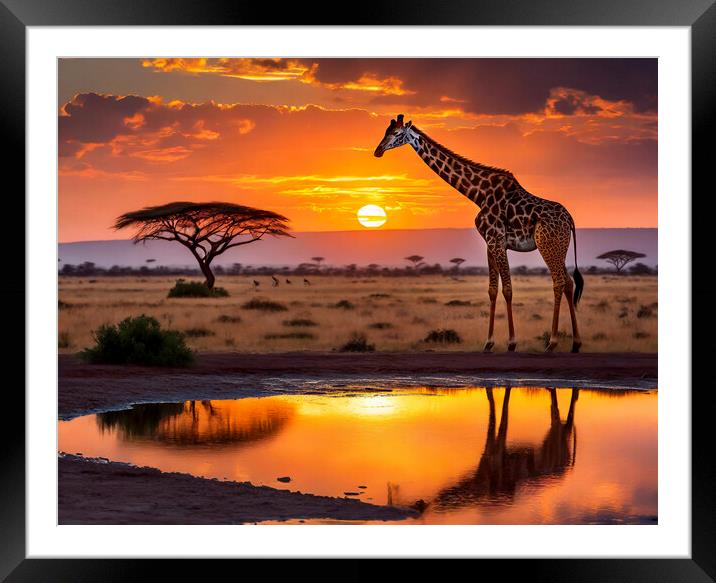 Giraffe At Watering Hole At Sunset Framed Mounted Print by Artificial Adventures