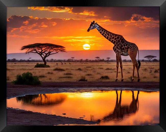 Giraffe At Watering Hole At Sunset Framed Print by Artificial Adventures