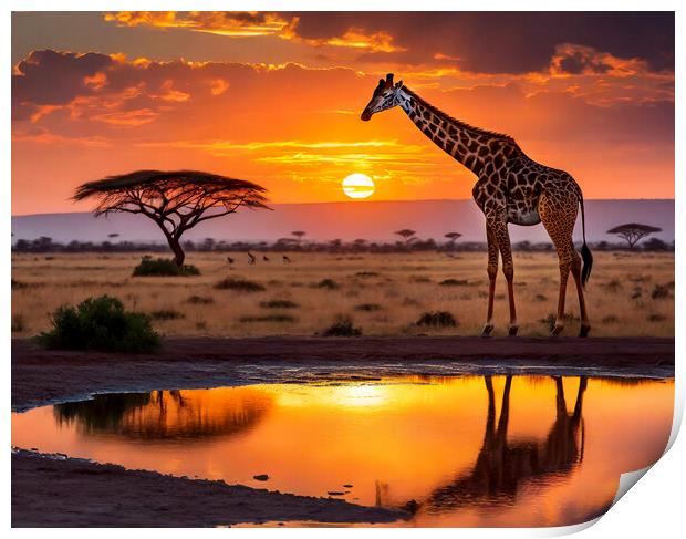 Giraffe At Watering Hole At Sunset Print by Artificial Adventures