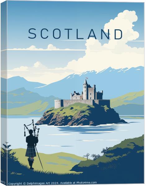 Scotland bagpiper, vintage travel poster Canvas Print by Delphimages Art