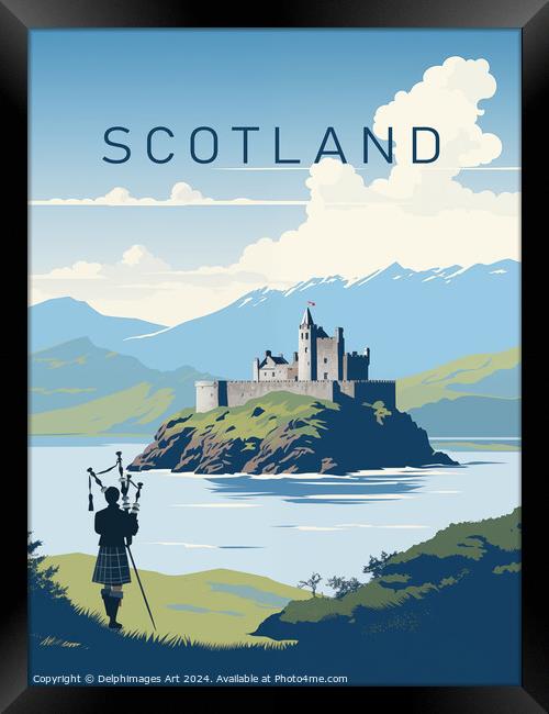 Scotland bagpiper, vintage travel poster Framed Print by Delphimages Art