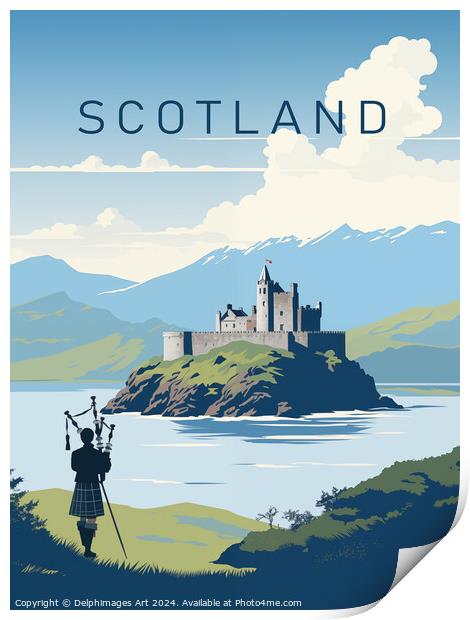 Scotland bagpiper, vintage travel poster Print by Delphimages Art