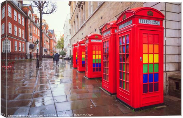 Telephone booths in Covent Garden, London Canvas Print by Delphimages Art