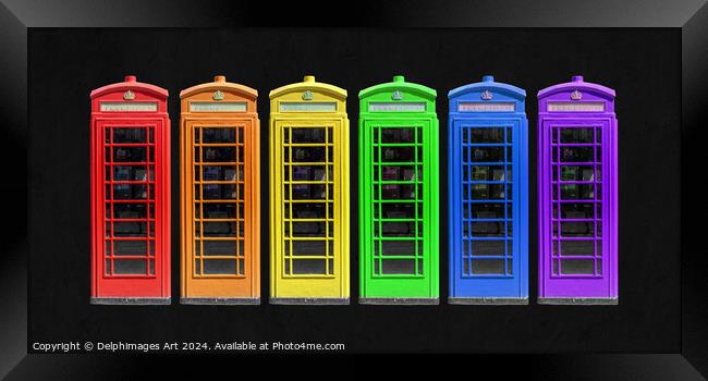 Rainbow London phone booths Framed Print by Delphimages Art