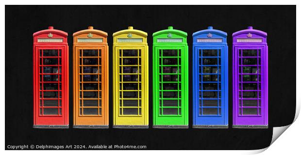 Rainbow London phone booths Print by Delphimages Art