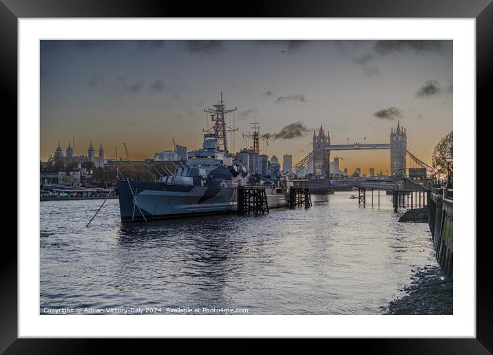 HMS Belfast, moored by Tower Bridge, London Framed Mounted Print by Adrian Victory-Daly