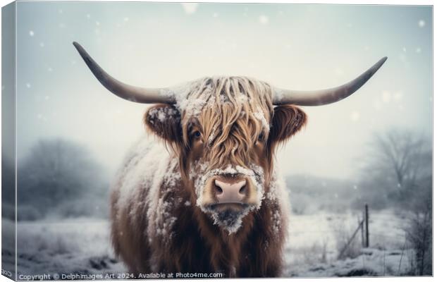 Highland cow in the snow Canvas Print by Delphimages Art