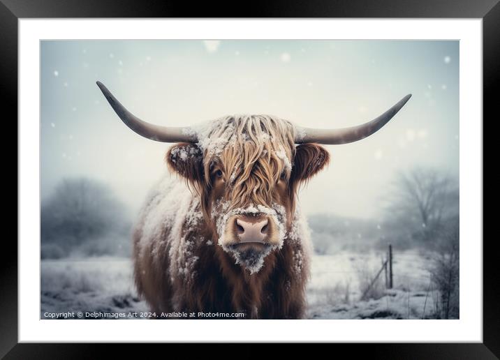 Highland cow in the snow Framed Mounted Print by Delphimages Art