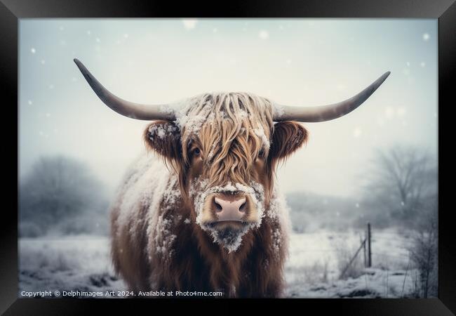 Highland cow in the snow Framed Print by Delphimages Art