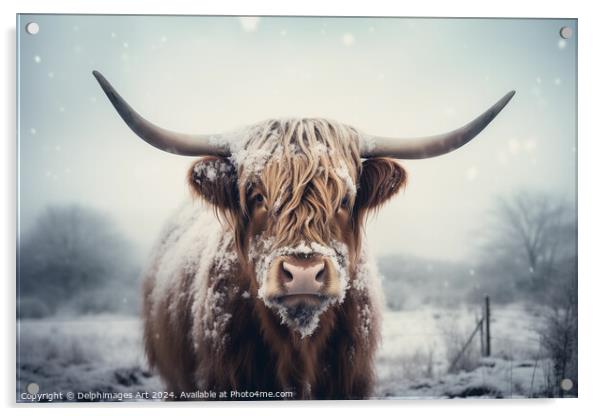 Highland cow in the snow Acrylic by Delphimages Art