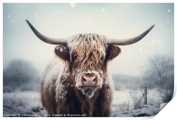 Highland cow in the snow Print by Delphimages Art