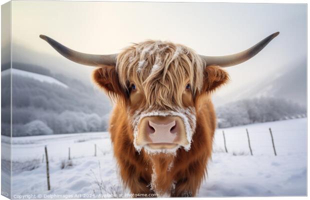 Higland cow portrait, Scotland in winter Canvas Print by Delphimages Art