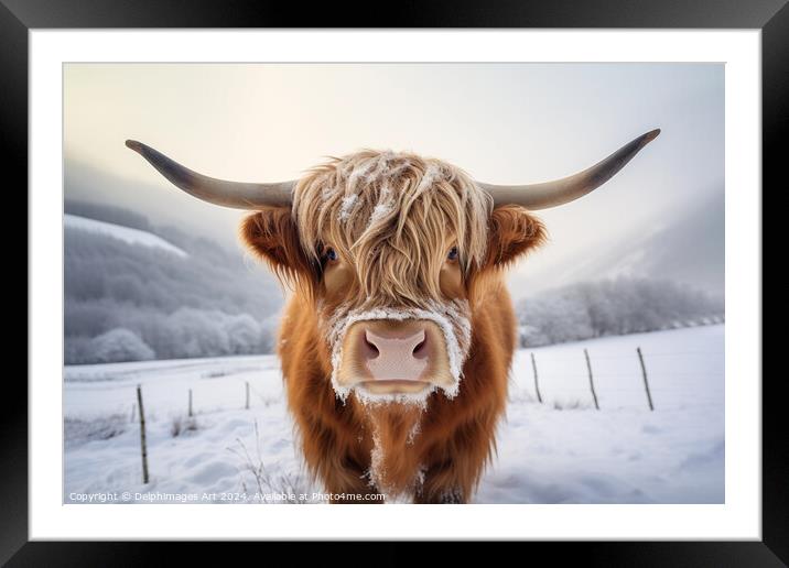 Higland cow portrait, Scotland in winter Framed Mounted Print by Delphimages Art