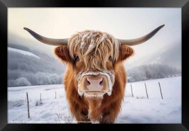 Higland cow portrait, Scotland in winter Framed Print by Delphimages Art
