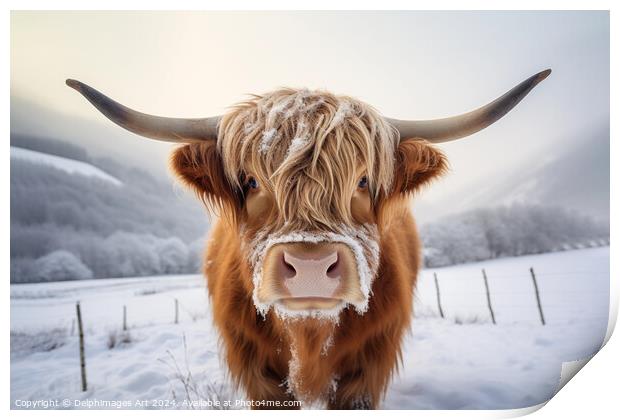 Higland cow portrait, Scotland in winter Print by Delphimages Art
