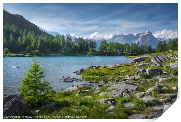 Lake Arpy and the Mont Blanc massif. Aosta Valley Print by Stefano Orazzini