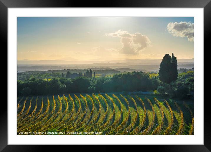 Chianti vineyards panorama at sunset. San Gusmé, Tuscany region, Italy Framed Mounted Print by Stefano Orazzini