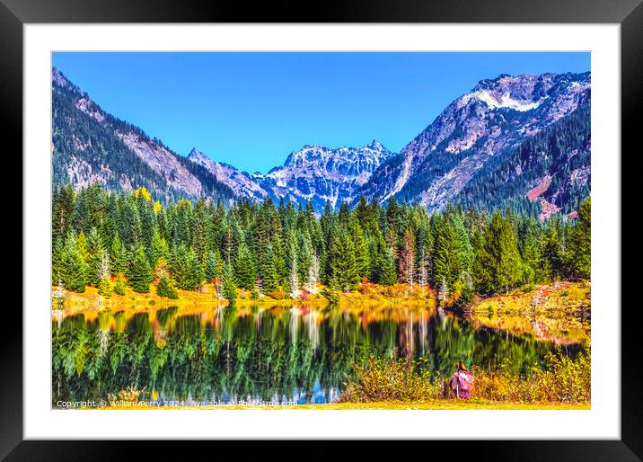 Gold Lake Reflection Pink Hiker Mt Chikamin Peak Washington  Framed Mounted Print by William Perry