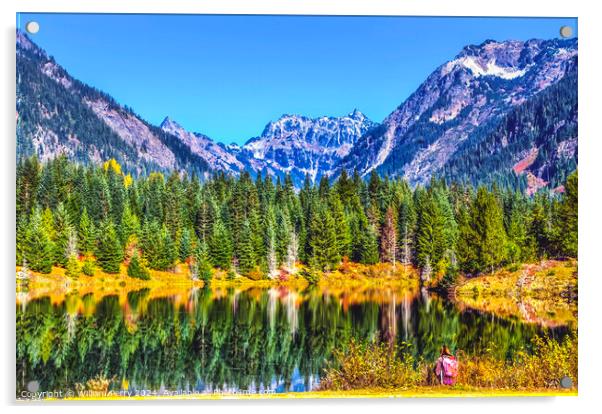 Gold Lake Reflection Pink Hiker Mt Chikamin Peak Washington  Acrylic by William Perry