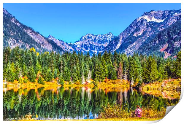 Gold Lake Reflection Pink Hiker Mt Chikamin Peak Washington  Print by William Perry