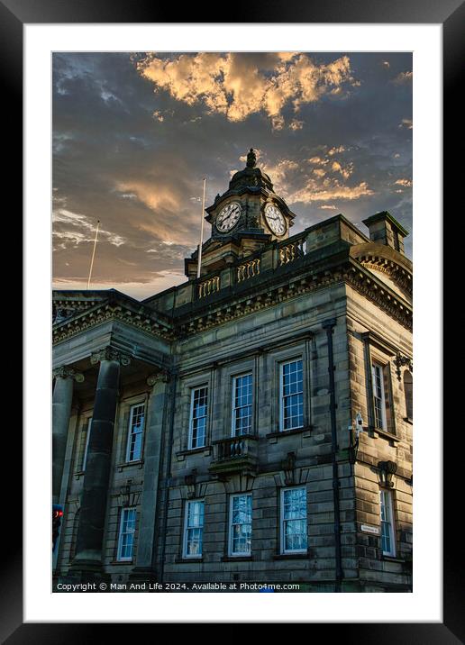 Historic building with clock tower against a dramatic sunset sky in Lancaster. Framed Mounted Print by Man And Life