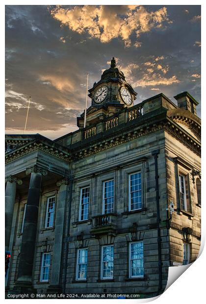 Historic building with clock tower against a dramatic sunset sky in Lancaster. Print by Man And Life