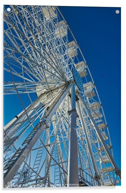 Low-angle view of a Ferris wheel against a clear blue sky in Lancaster. Acrylic by Man And Life