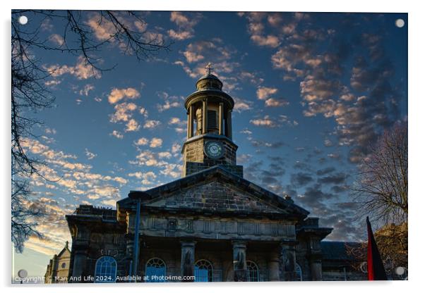 Historic stone building with clock tower against a dramatic sky at sunset in Lancaster. Acrylic by Man And Life