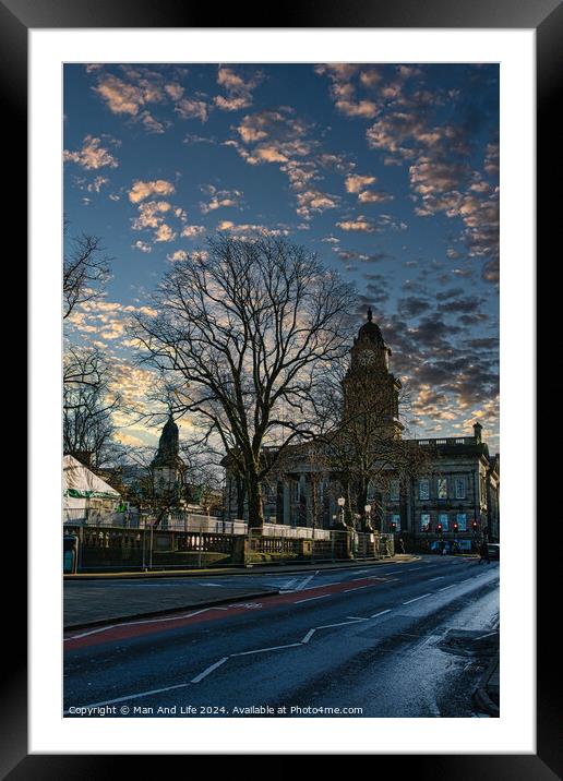 Historic building at dusk with dramatic sky and bare tree silhouette in Lancaster. Framed Mounted Print by Man And Life