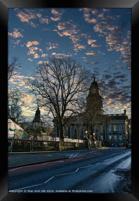 Historic building at dusk with dramatic sky and bare tree silhouette in Lancaster. Framed Print by Man And Life