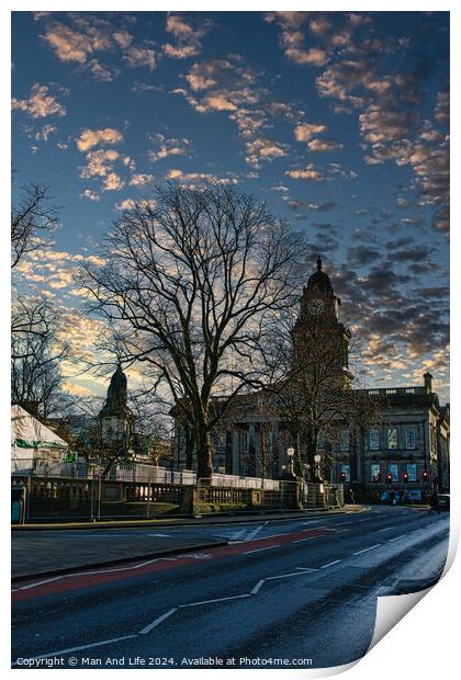 Historic building at dusk with dramatic sky and bare tree silhouette in Lancaster. Print by Man And Life
