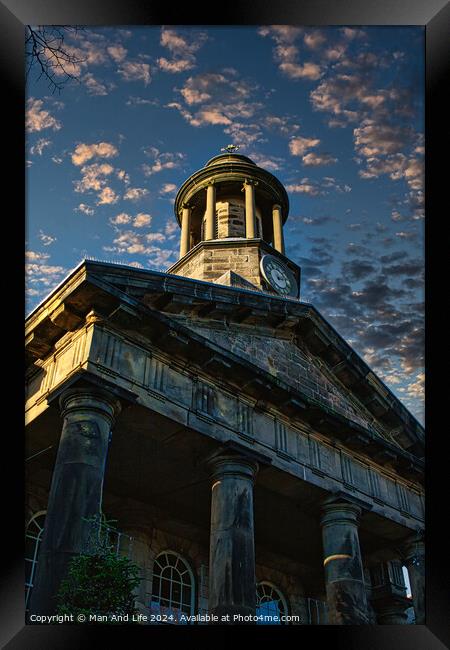 Historic building with a clock tower against a dramatic evening sky with scattered clouds in Lancaster. Framed Print by Man And Life