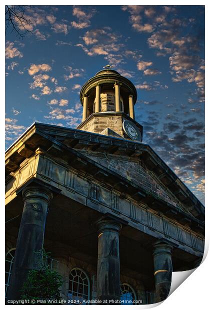 Historic building with a clock tower against a dramatic evening sky with scattered clouds in Lancaster. Print by Man And Life