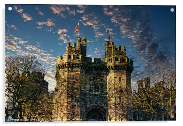 Historic stone castle with towers against a blue sky with scattered clouds at sunset in Lancaster. Acrylic by Man And Life