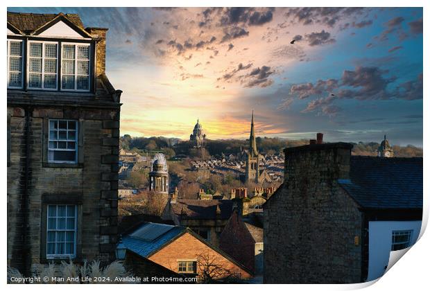 Picturesque sunset over a historic cityscape with silhouetted buildings and dramatic clouds in Lancaster. Print by Man And Life
