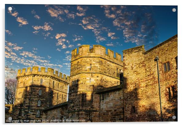 Medieval stone castle at sunset with picturesque clouds in the sky in Lancaster. Acrylic by Man And Life