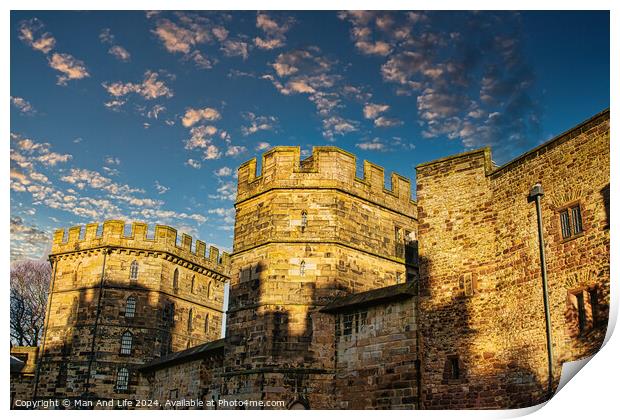 Medieval stone castle at sunset with picturesque clouds in the sky in Lancaster. Print by Man And Life