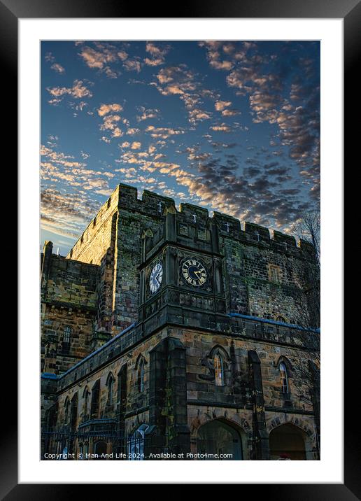 Historic stone clock tower against a dramatic sky at dusk in Lancaster. Framed Mounted Print by Man And Life