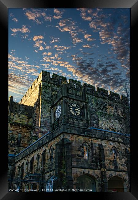 Historic stone clock tower against a dramatic sky at dusk in Lancaster. Framed Print by Man And Life