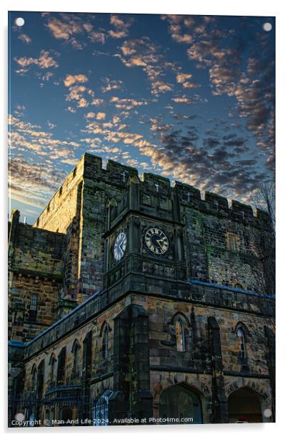 Historic stone clock tower against a dramatic sky at dusk in Lancaster. Acrylic by Man And Life