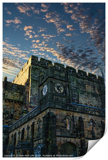 Historic stone clock tower against a dramatic sky at dusk in Lancaster. Print by Man And Life