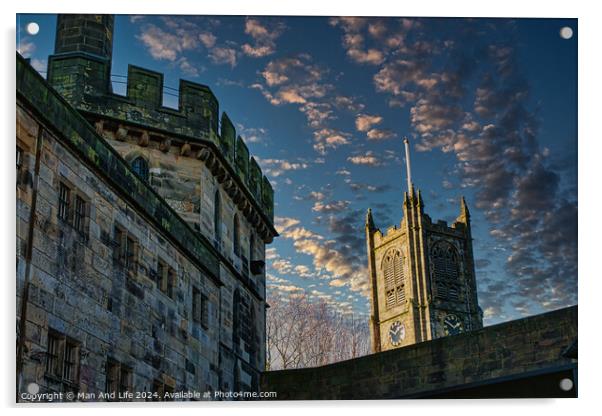 Historic stone buildings with towers against a dramatic sky at dusk in Lancaster. Acrylic by Man And Life
