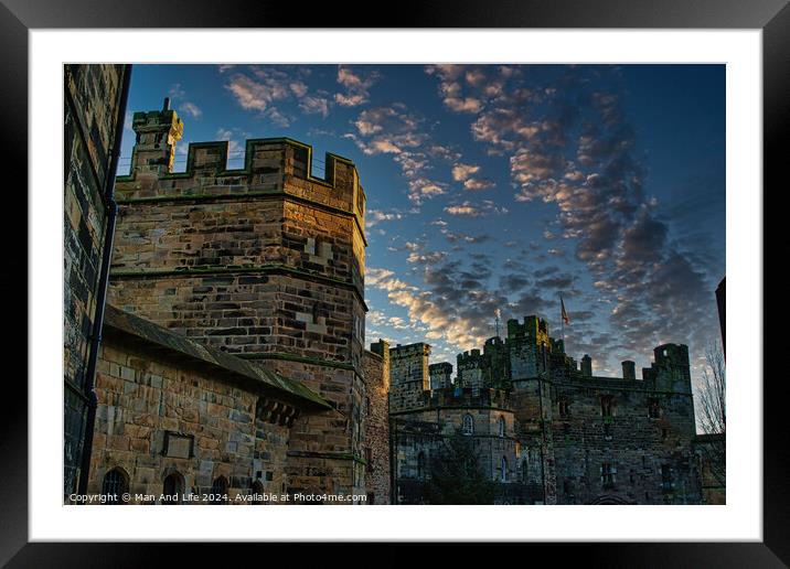 Medieval castle at dusk with dramatic sky and clouds in Lancaster. Framed Mounted Print by Man And Life