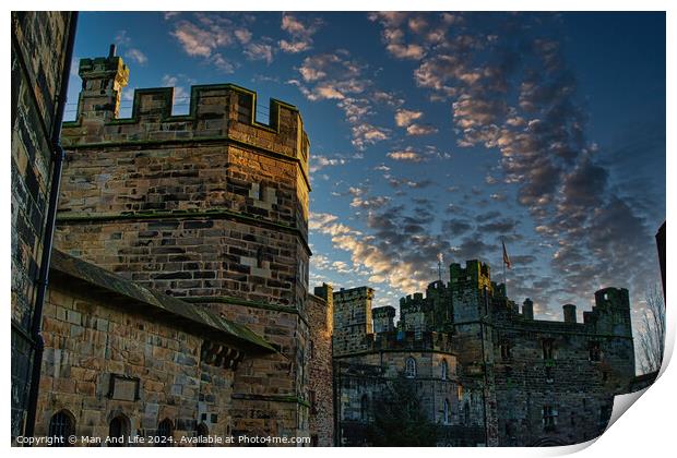 Medieval castle at dusk with dramatic sky and clouds in Lancaster. Print by Man And Life