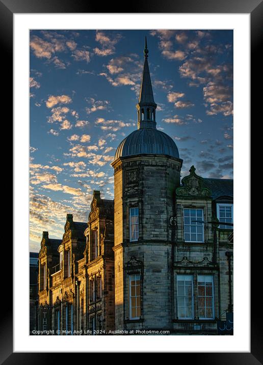 Historic stone building with a spire against a dramatic sky with golden sunset clouds in Lancaster. Framed Mounted Print by Man And Life