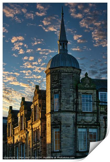 Historic stone building with a spire against a dramatic sky with golden sunset clouds in Lancaster. Print by Man And Life