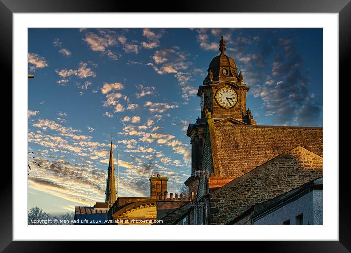 Historic clock tower against a vibrant sunset sky with scattered clouds in Lancaster. Framed Mounted Print by Man And Life