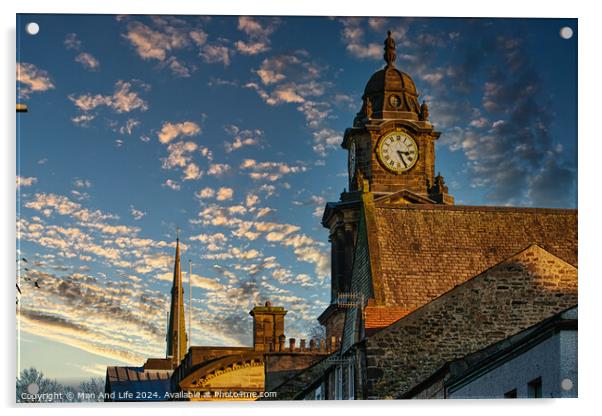 Historic clock tower against a vibrant sunset sky with scattered clouds in Lancaster. Acrylic by Man And Life
