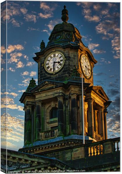 Historic clock tower against a dramatic sky at dusk, showcasing intricate architecture and timeless design in Lancaster. Canvas Print by Man And Life