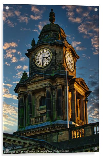 Historic clock tower against a dramatic sky at dusk, showcasing intricate architecture and timeless design in Lancaster. Acrylic by Man And Life
